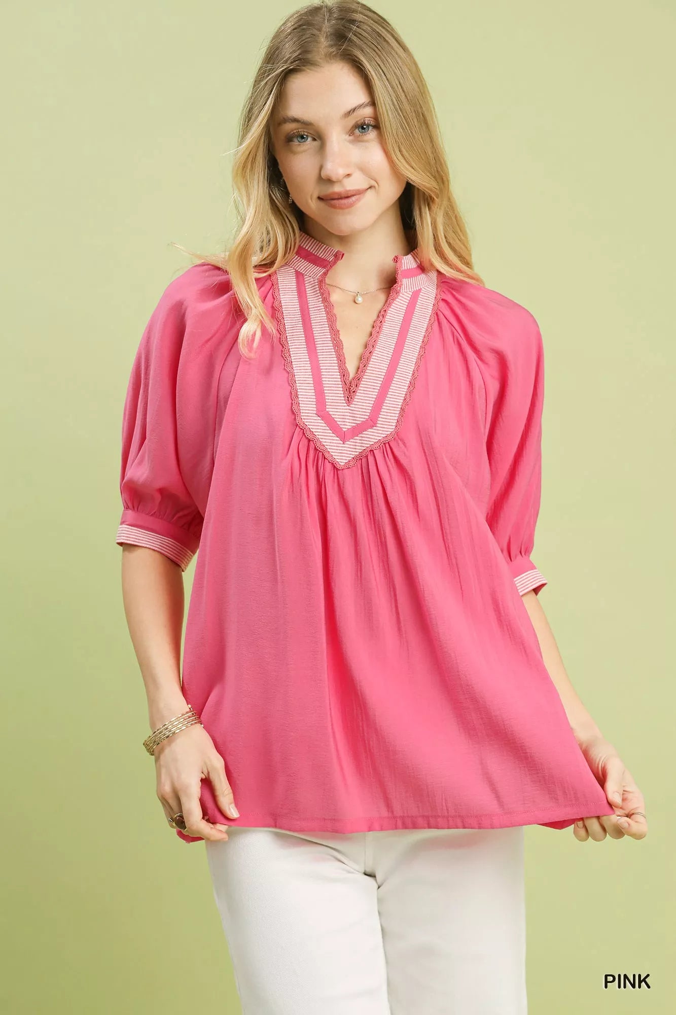 Blueberi Boutique's Umgee pink solid contrast-trim pleated top