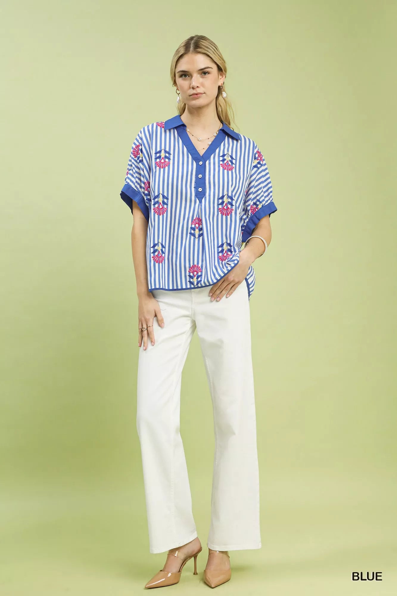 Blueberi Boutique's Umgee blue-white striped embroidered button-front boho blouse