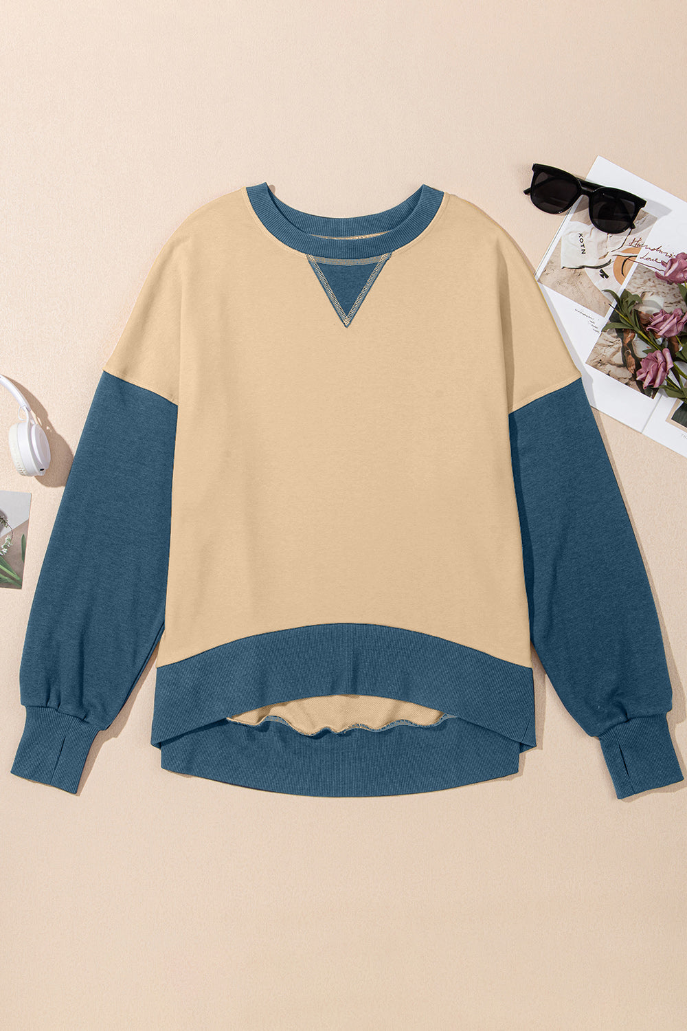 Blueberi B Women's Contrast Round Neck Long Sleeve Sweatshirt Polyester Cotton Size S-2XL