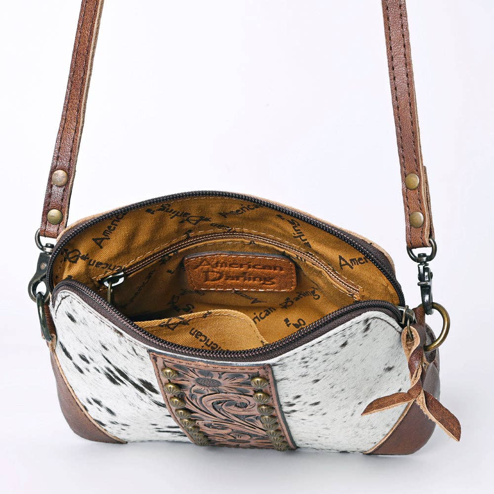 American Darling ADBG596 Speckled Cowhide & Hand-Tooled Leather Western Crossbody Bag | 7" x 9" x 3"