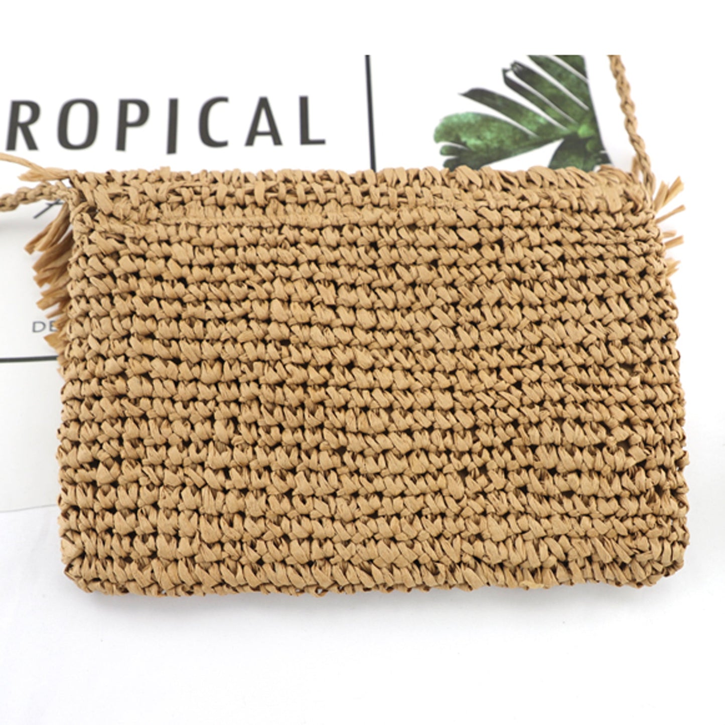 Sofia Woven Straw Foldover Flap Crossbody Bag with Hand-Tied Rattan Edge Detail | Khaki, Straw