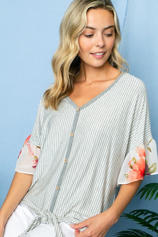 Stripe Short Sleeve Floral Mixed Ruffle Top