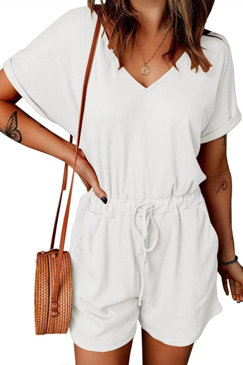 Blueberi B Women's Full Size Drawstring V-Neck Short Sleeve Romper Polyester Spandex Size S-3XL