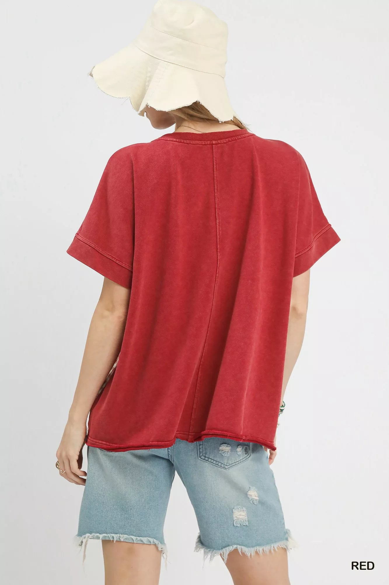 Back view of red mineral wash French Terry top
