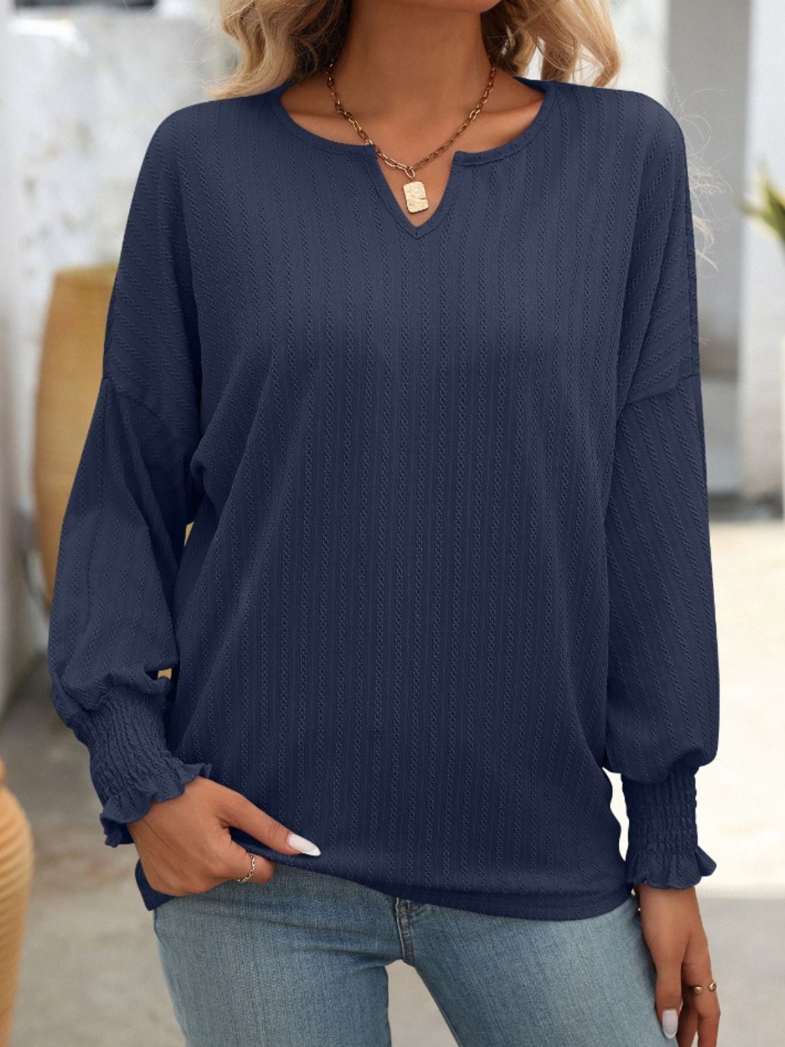 Blueberi B Women's Textured Notched Lantern Sleeve T-Shirt Polyester Spandex Size S-2XL