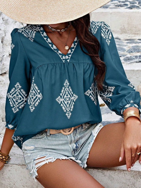 Blueberi B Women's Printed V-Neck Three-Quarter Sleeve Blouse Polyester Size S-2XL
