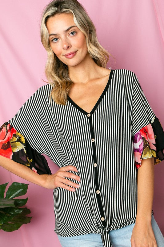 Plus Size  Short Sleeve Stripe Floral Mixed Ruffle Top