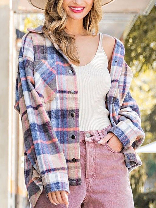 Blueberi B Women’s Snap Up Plaid Collared Neck Jacket with Pocket Polyester Size S-XL