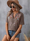 Blueberi B Women's Embroidered Notched Short Sleeve T-Shirt Polyester Elastane Size S-2XL