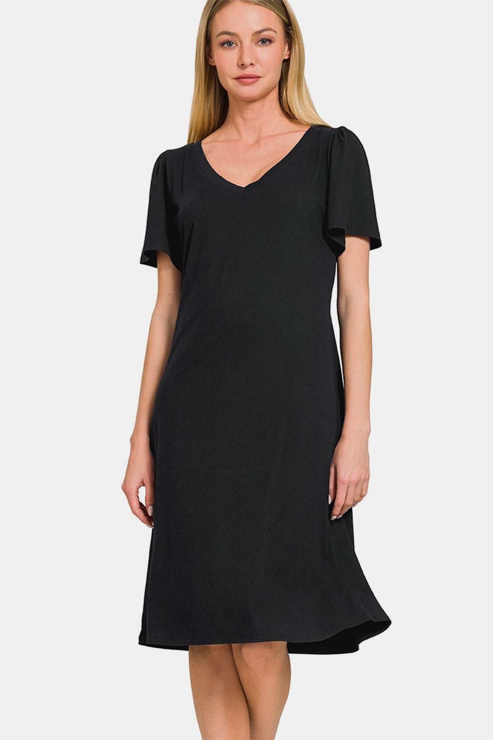 Zenana Women's V-Neck Short Sleeve Dress Polyester Spandex Size S-xl Black / S