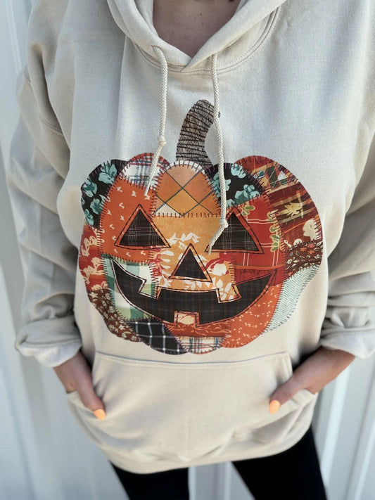 Adelle Linen Women's Pumpkin Patchwork Hoodie Long Sleeve Cotton Polyester Sizes S-3XL