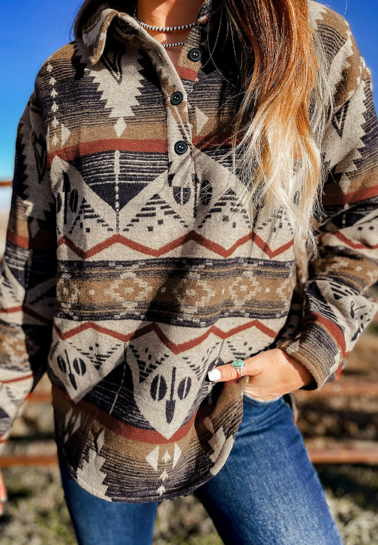 Blueberi B Women’s Geometric Half Button Long Sleeve Sweatshirt Polyester Size S-2XL