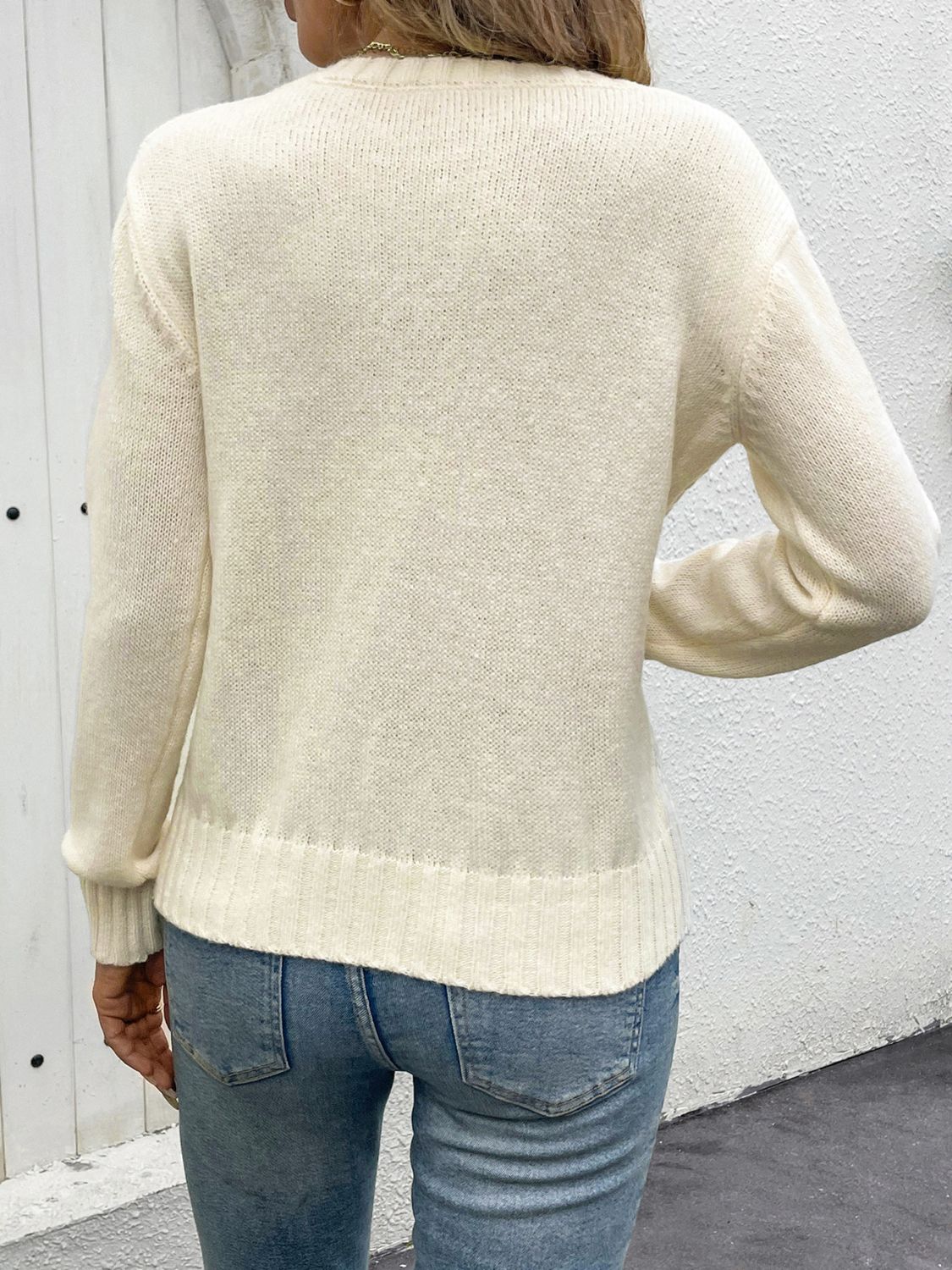 Blueberi B Women's Openwork Round Neck Long Sleeve Sweater Polyester Size S-L