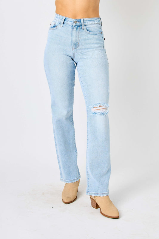 Judy Blue Women’s Full Size High Waist Distressed Straight Jeans Cotton Polyester Spandex Size S-24W