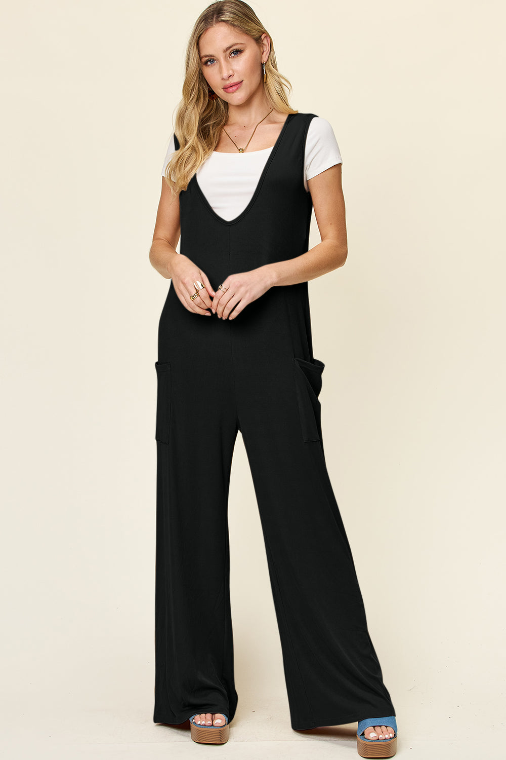 Double Take Women's  Full Size Sleeveless Wide Leg Jumpsuit with Pockets Polyester Spandex Size S-3XL
