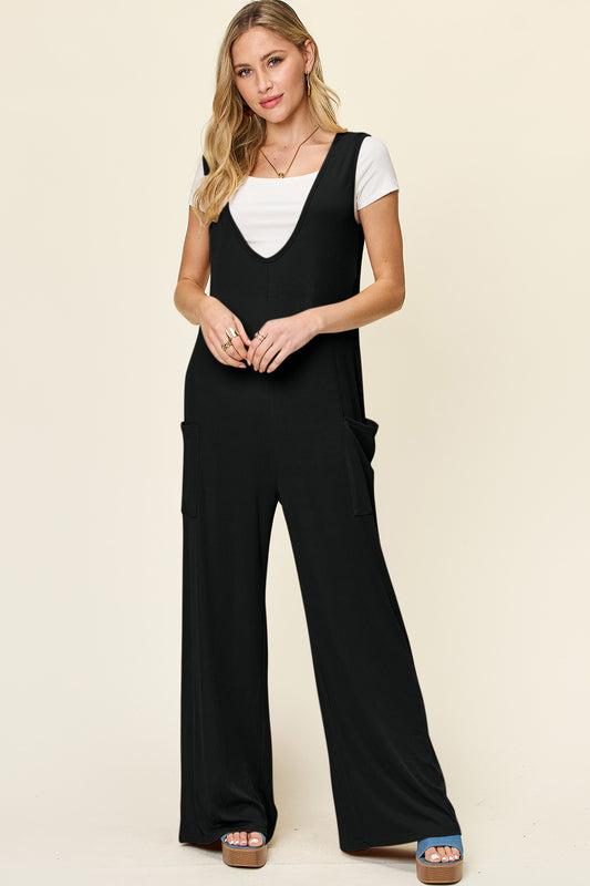Double Take Women's Full Size Sleeveless Wide Leg Jumpsuit with Pockets Polyester Spandex Size S-3XL