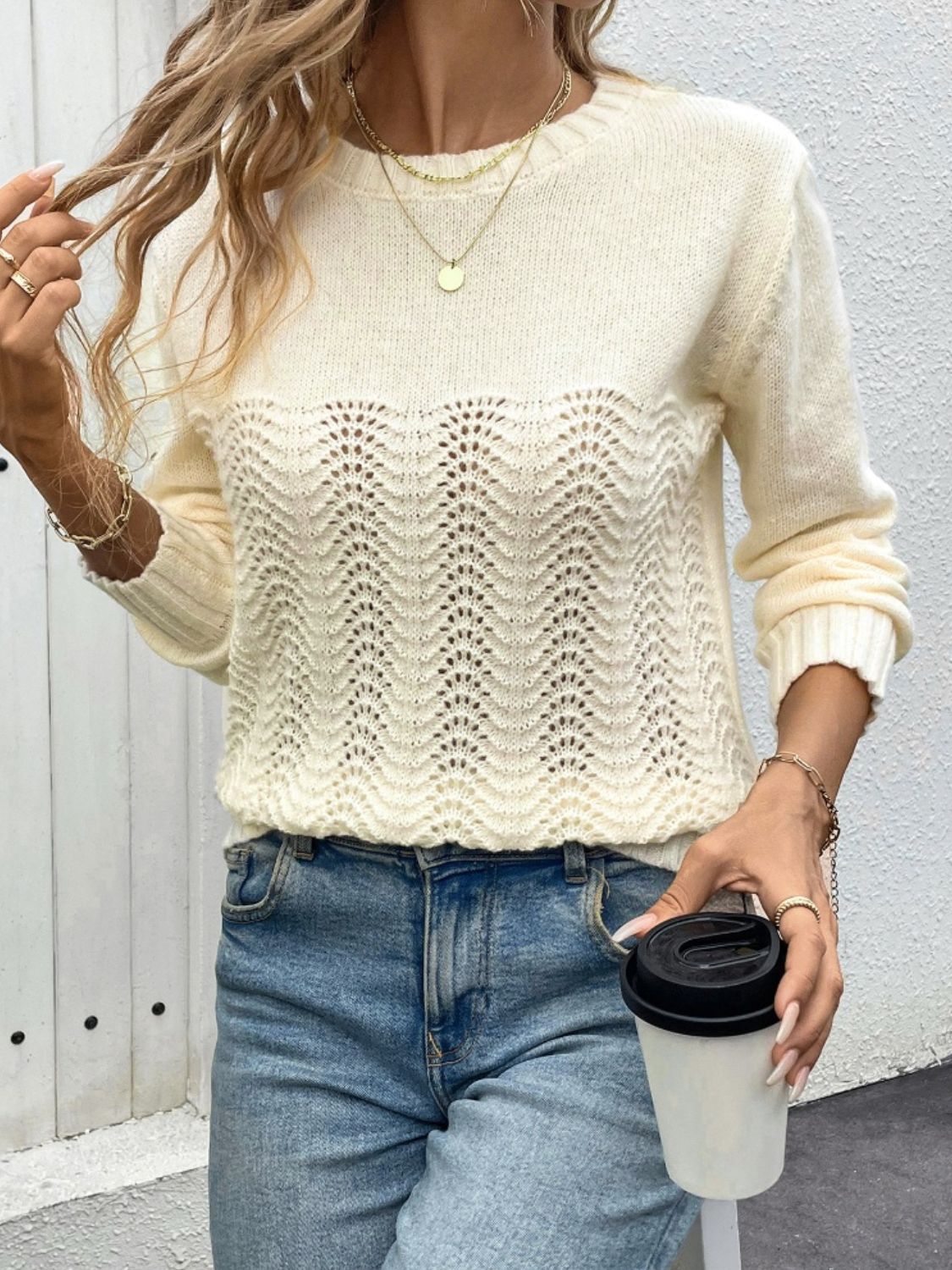 Blueberi B Women's Openwork Round Neck Long Sleeve Sweater Polyester Size S-L