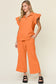 Double Take Women’s Texture Ruffle Short Sleeve Top and Drawstring Wide Leg Pants Set Polyester Spandex Size S-3XL