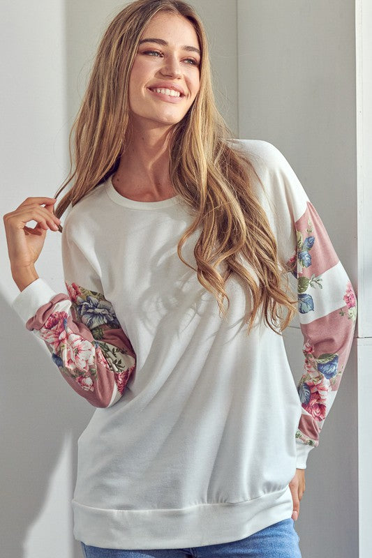 Solid Color Long Sleeve  Floral Mix Sweatshirt