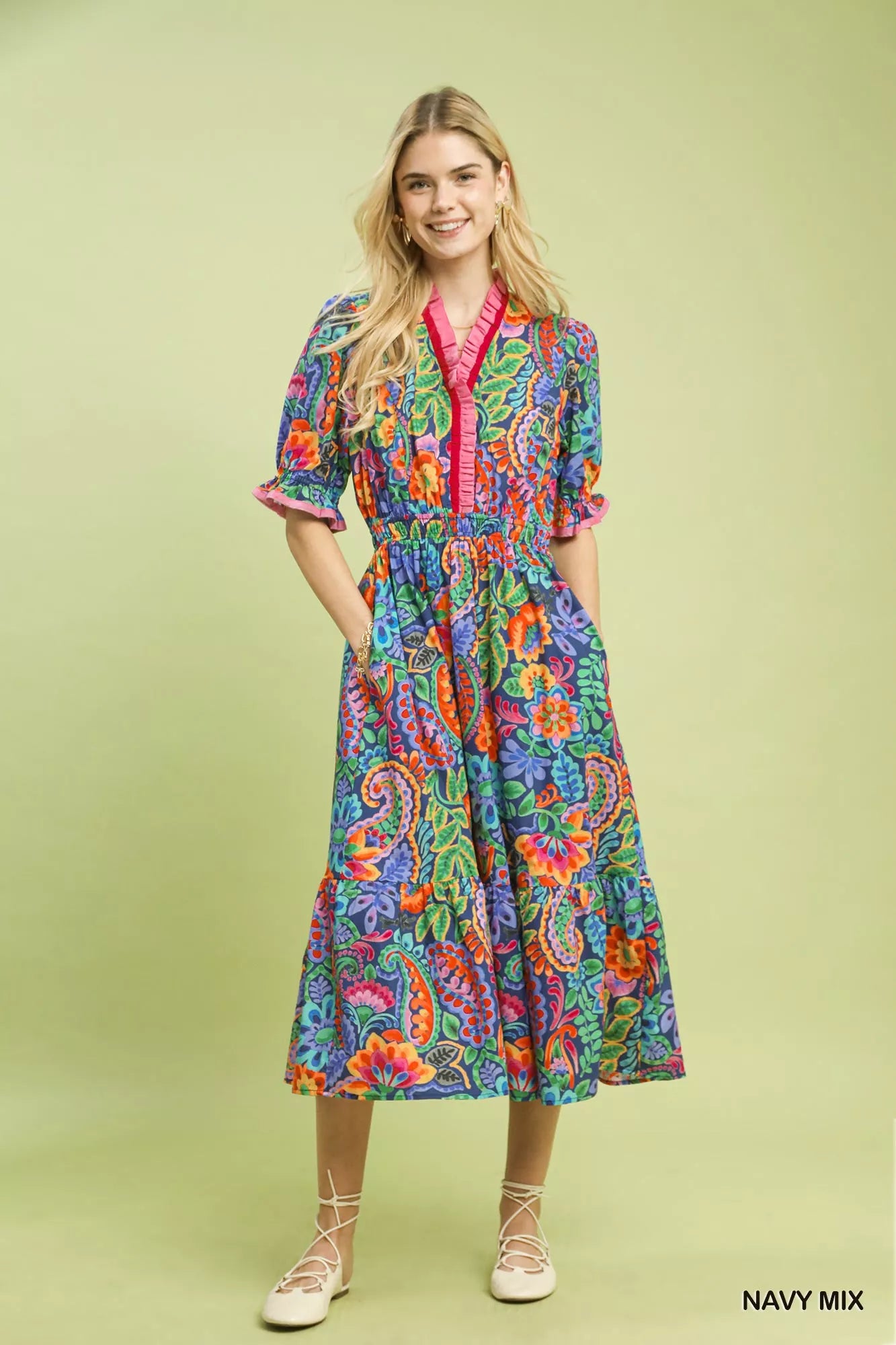 Umgee 100% Cotton MIX Floral Print Ruffle Trim Ruffled Lightweight Flowy Midi Dress S M L