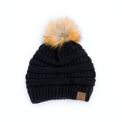 C.C® Soft Acrylic Knit Faux Fur Pom-Pom Beanie | One Size Child–Adult (Age 4+)