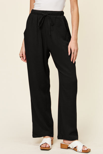 Double Take Women’s Full Size Texture Drawstring Straight Pants Cotton Size S-3XL