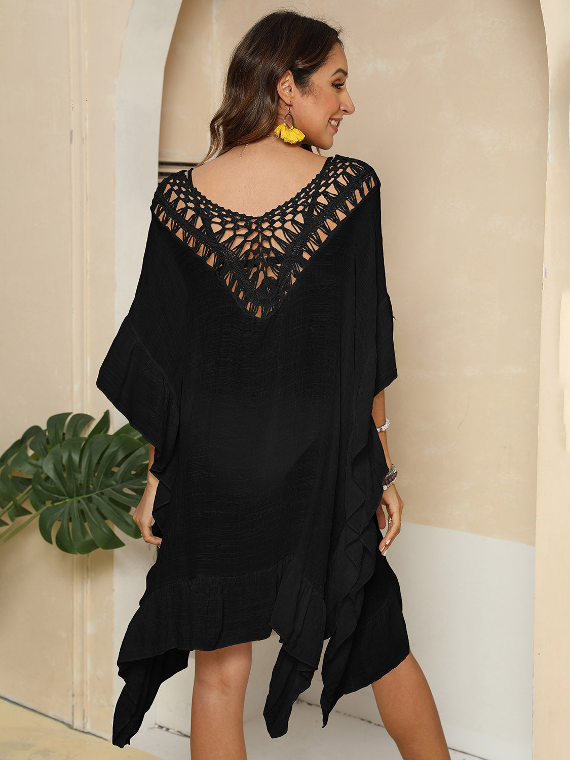 Blueberi B Women's Cutout Ruffled Half Sleeve Cover-Up Polyester One Size