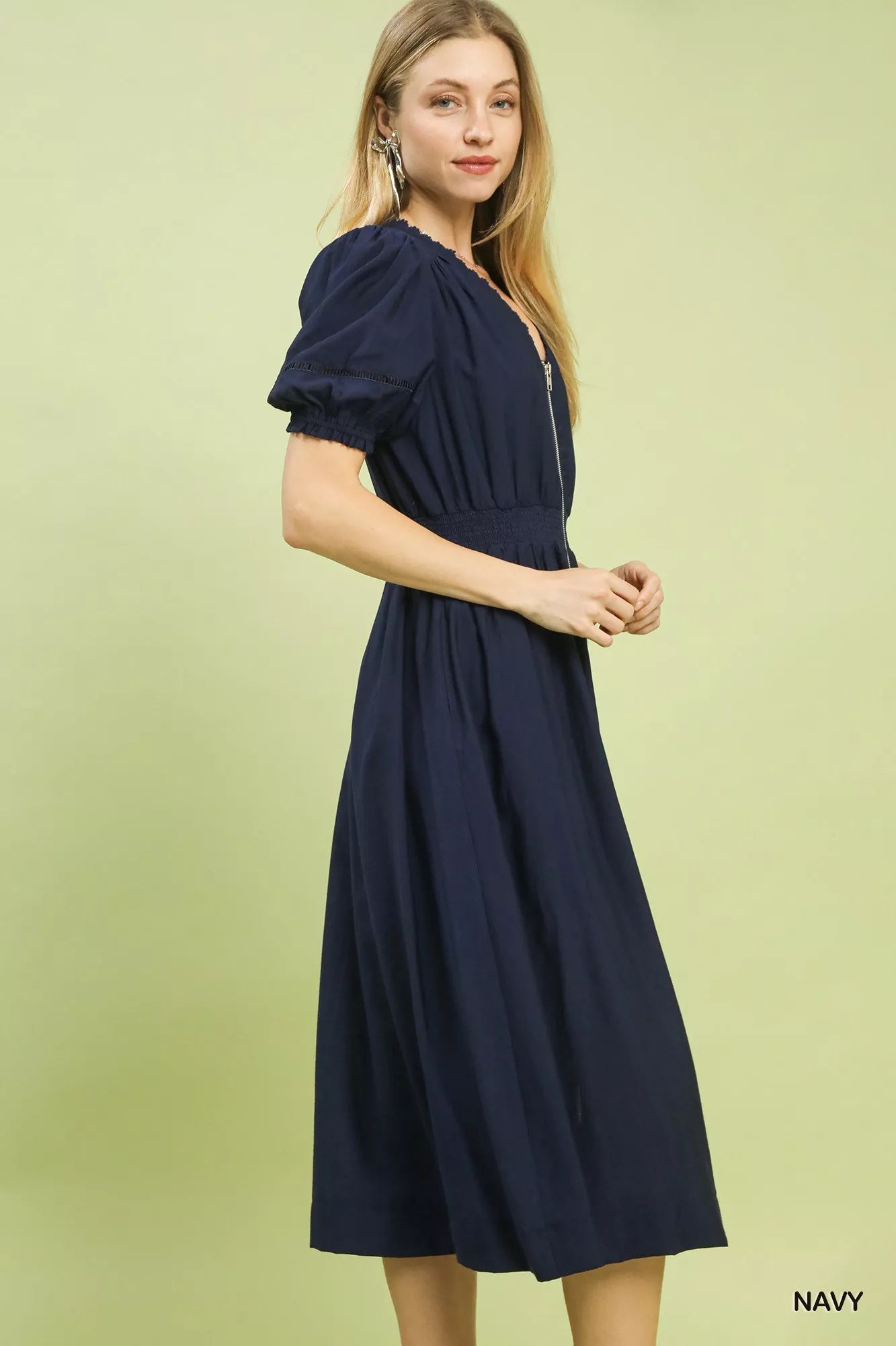 Blueberi Boutique navy midi dress side profile