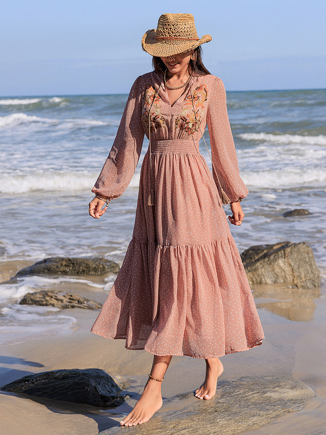 Blueberi B Women’s Embroidered Polka Dot Tie Neck Long Sleeve Midi Dress Polyester Size S-2XL