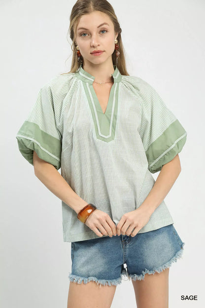 Sage striped mixed puff sleeve blouse with denim shorts at Blueberi Boutique