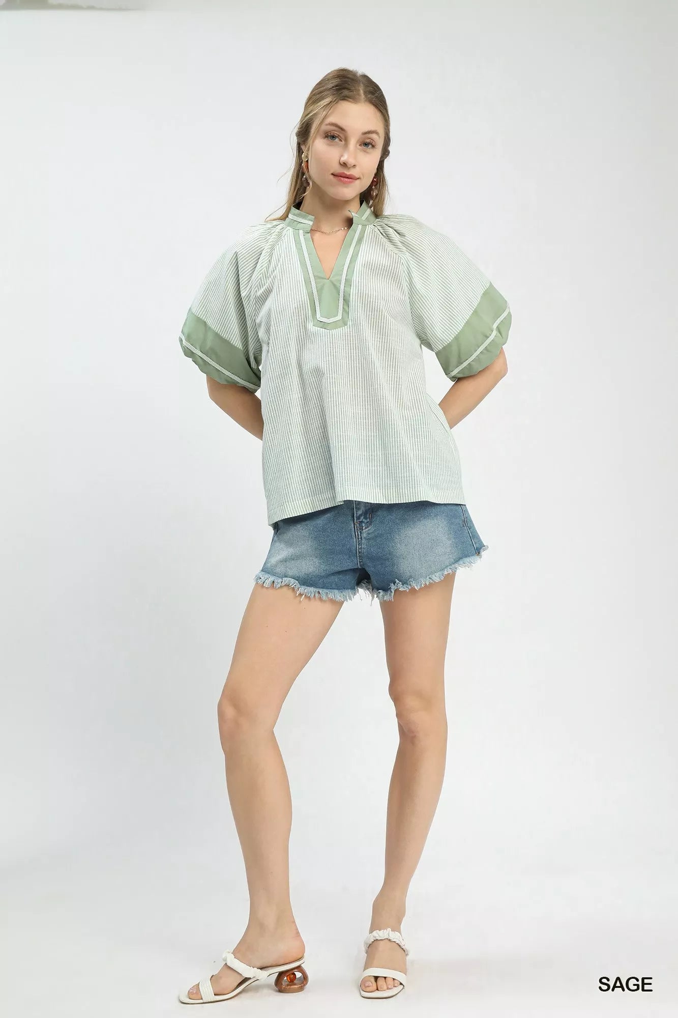 Umgee sage striped puff sleeve blouse front view