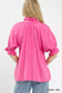Back view of bright peony linen scalloped ruffle neck top at Blueberi Boutique