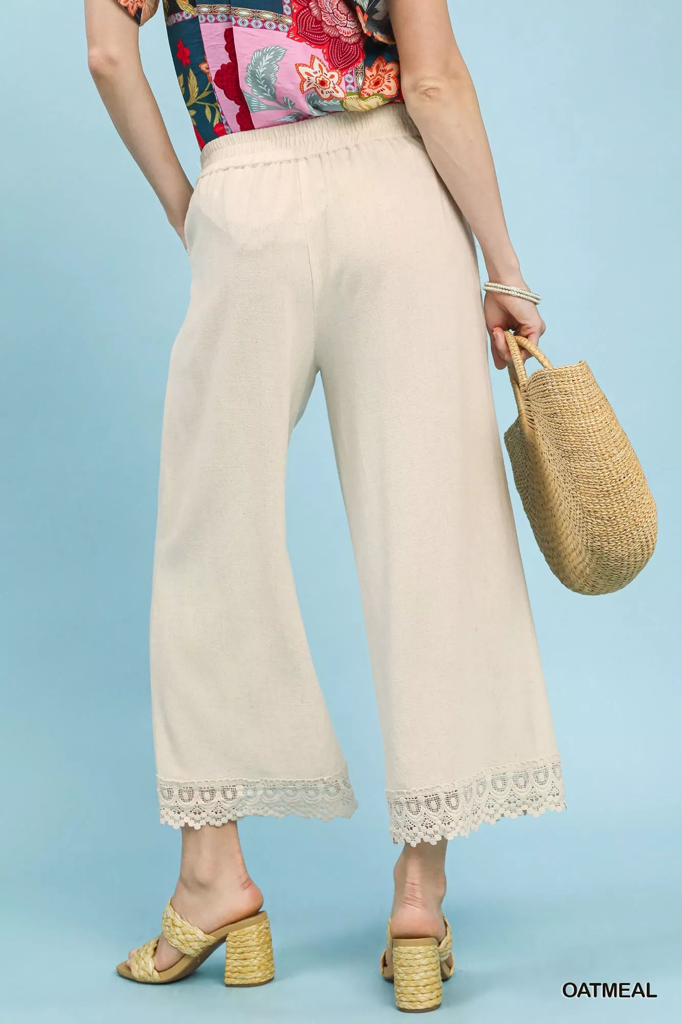 Umgee oatmeal linen wide leg cropped pants with lace trim back view