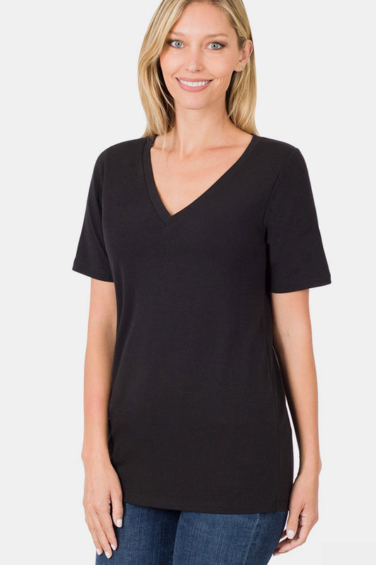 Zenana Women's V-Neck Short Sleeve T-Shirt Polyester Rayon Spandex Sized S-XL