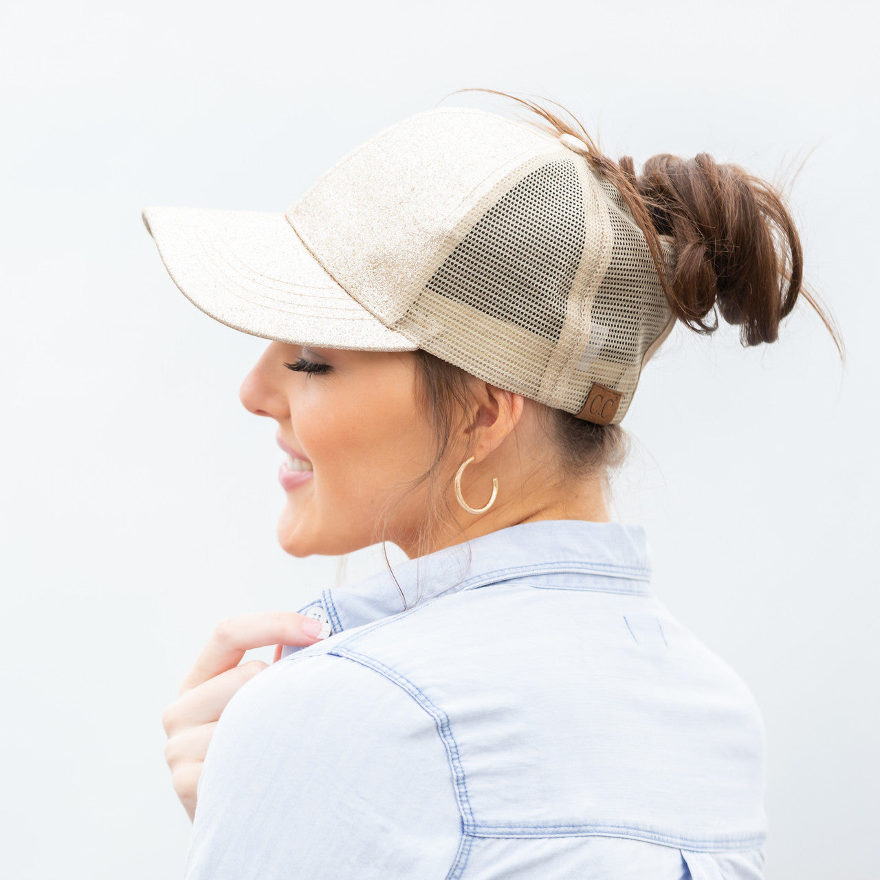 C.C® Glitter Polyester Brim Mesh Nylon Back Adjustable Messy Bun Ponytail Ball Cap | One Size Teen–Adult