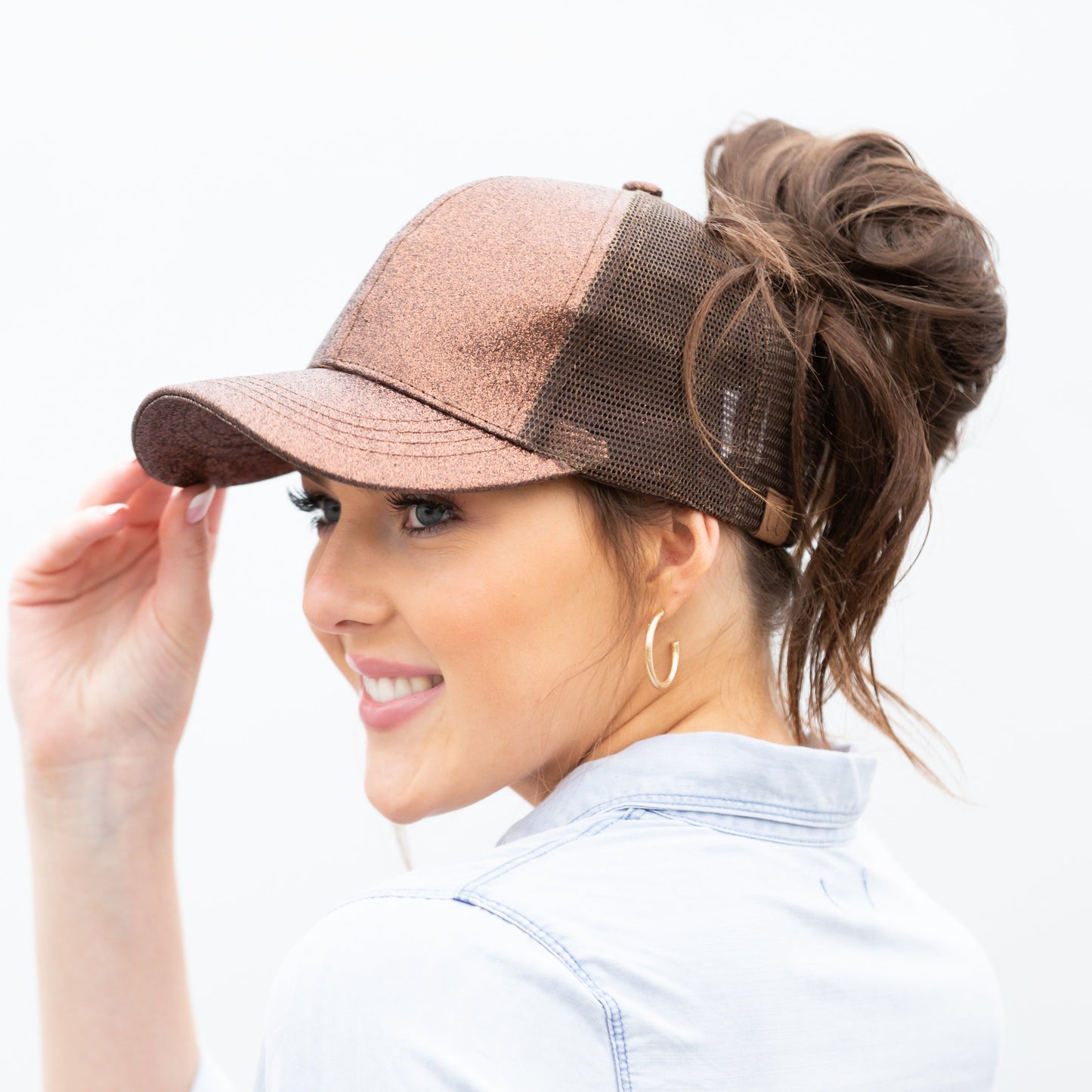 C.C® Glitter Polyester Brim Mesh Nylon Back Adjustable Messy Bun Ponytail Ball Cap | One Size Teen–Adult
