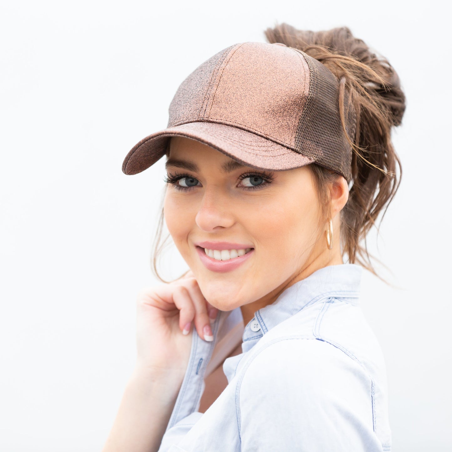C.C® Glitter Polyester Brim Mesh Nylon Back Adjustable Messy Bun Ponytail Ball Cap | One Size Teen–Adult