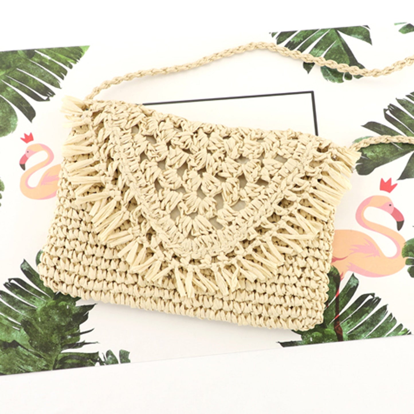 Sofia Woven Straw Foldover Flap Crossbody Bag with Hand-Tied Rattan Edge Detail | Khaki, Straw