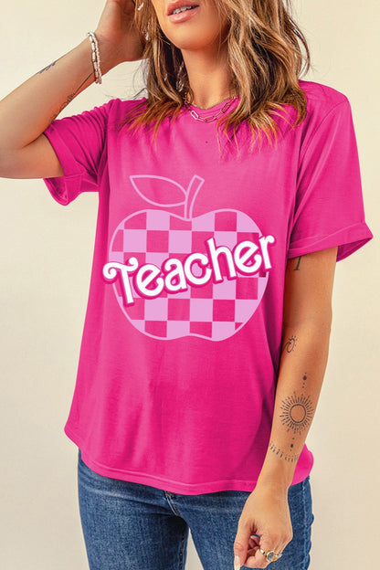 Blueberi B  Women's Graphic Teacher Round Neck Short Sleeve T-Shirt Polyester Cotton Elastane Size S-2XL