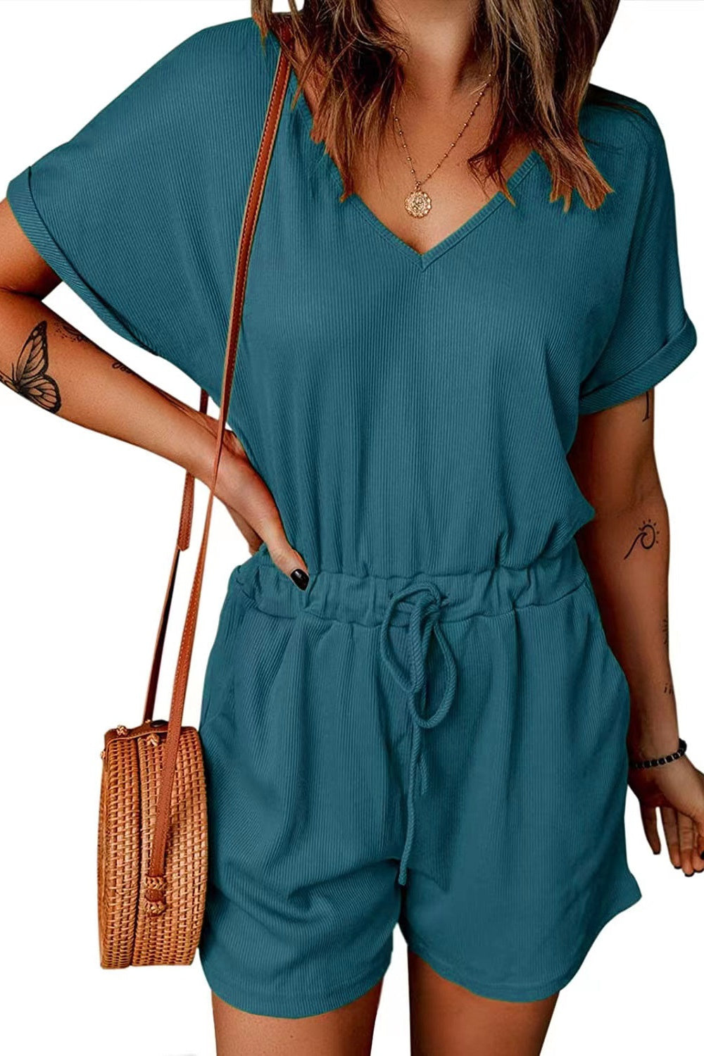 Blueberi B Women's Full Size Drawstring V-Neck Short Sleeve Romper Polyester Spandex Size S-3XL