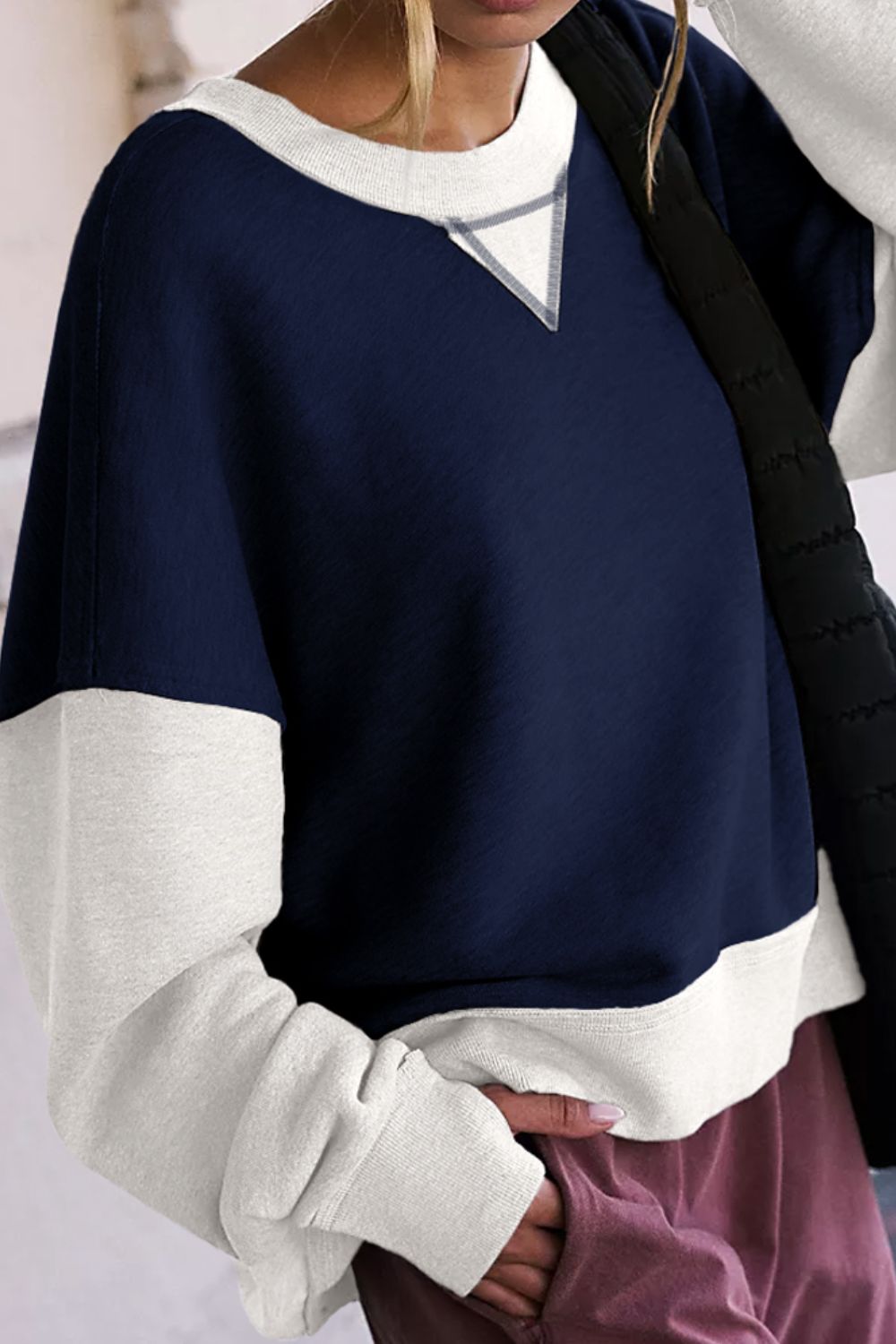 Blueberi B Women's Contrast Round Neck Long Sleeve Sweatshirt Polyester Cotton Size S-2XL