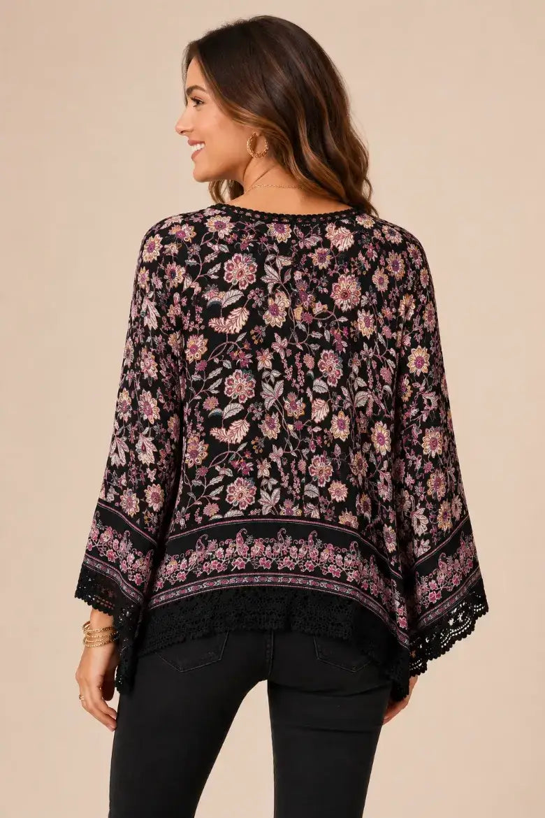 Pine Apparel Floral Crochet Trim 3/4 Sleeve Blouse | 100% Rayon Crinkle Challis | S-XL | Black