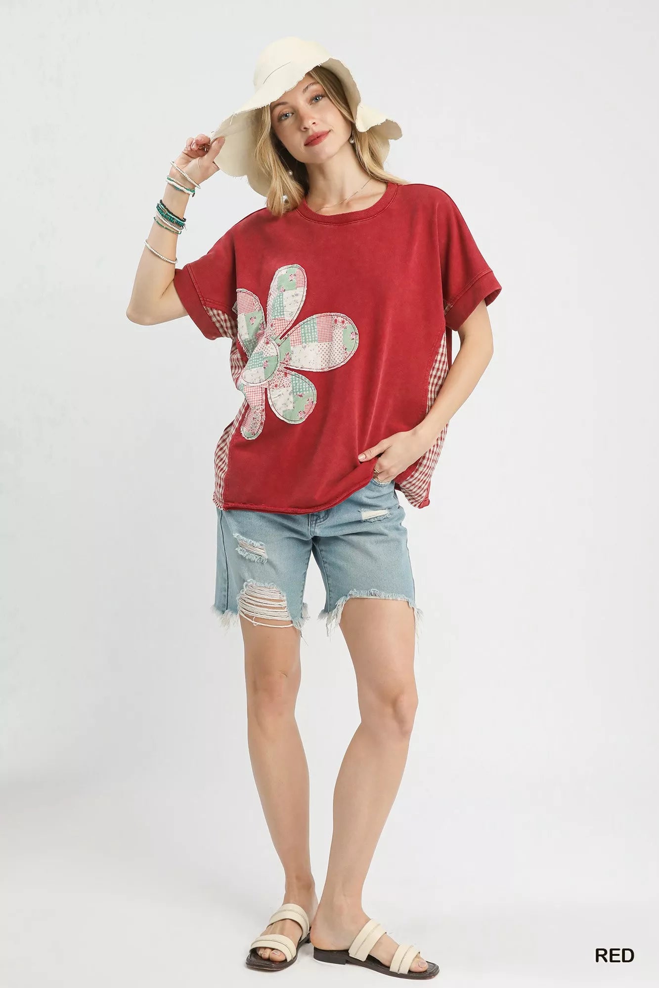 Umgee red mineral wash top with patchwork flower, casual style