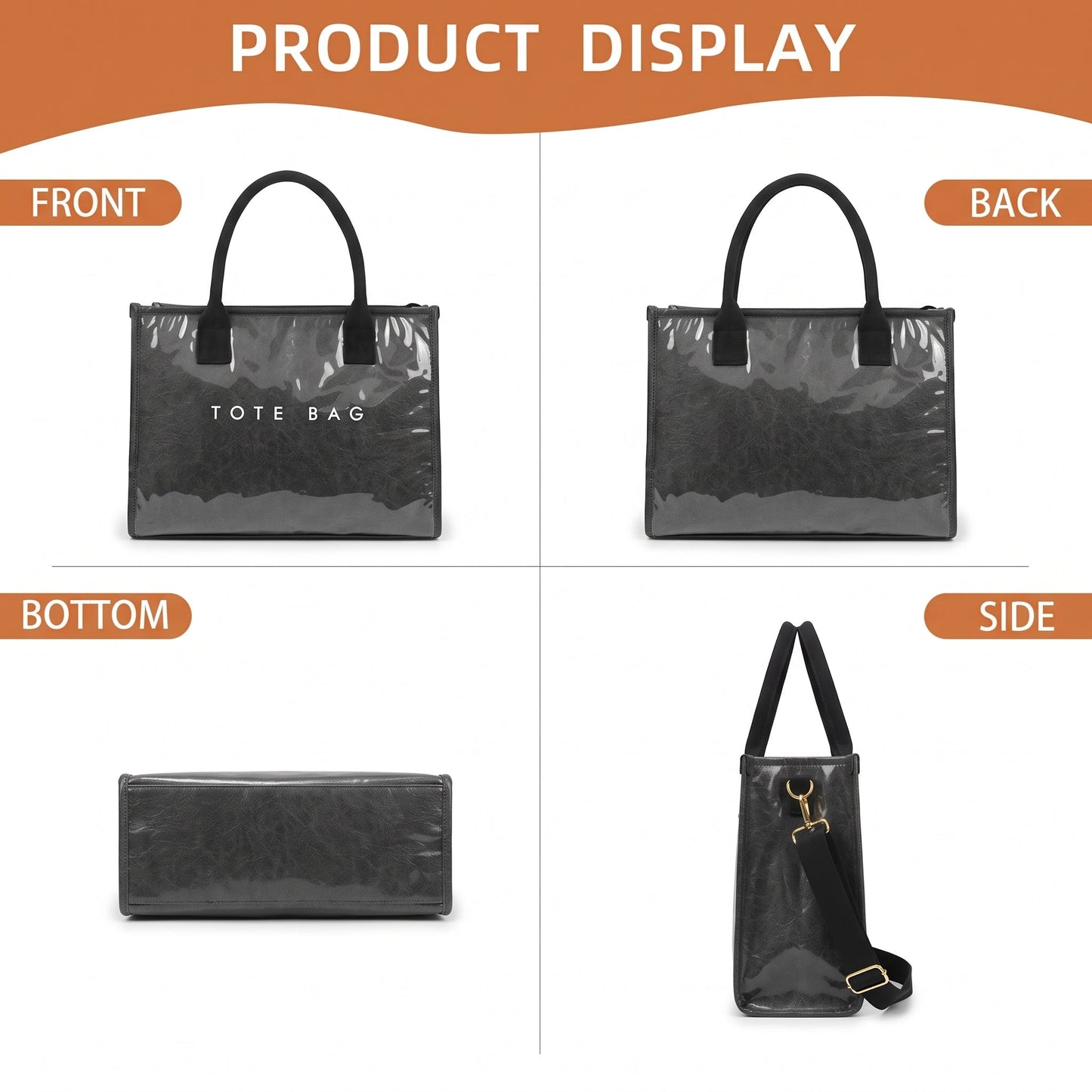 Kate Laminated City Tote | Vegan Leather & PVC, Canvas Handles | 14.5 x 5 x 11 in