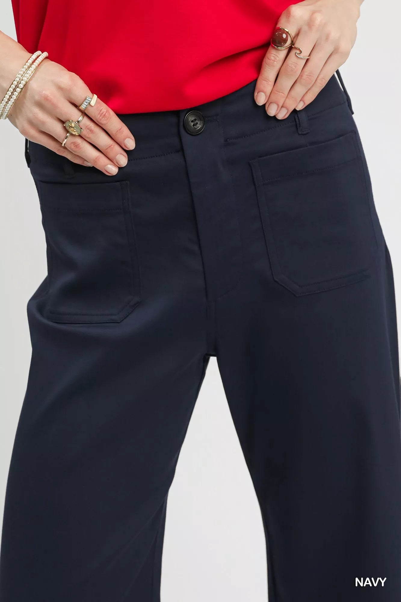 Umgee navy scallop hem wide leg pants front pocket detail at Blueberi Boutique