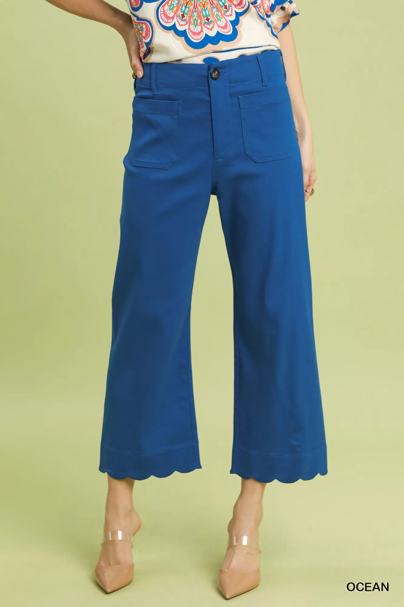 Umgee Scallop Hem Wide Leg Pants - ocean blue with scalloped hem, front view