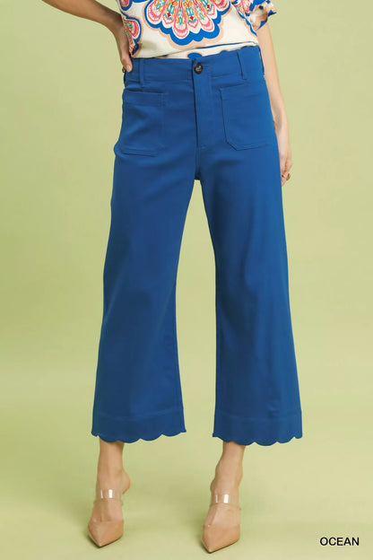 Umgee Scallop Hem Wide Leg Pants - ocean blue with scalloped hem, front view