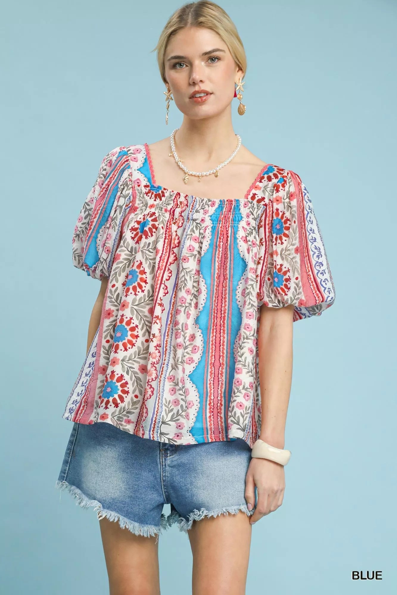 Colorful patchwork puff sleeve smocked blouse, denim shorts