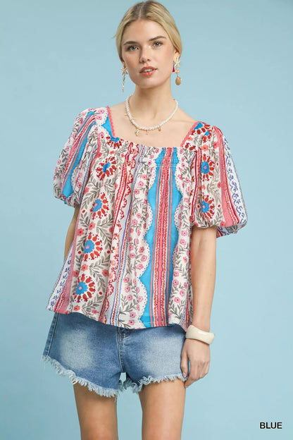Colorful patchwork puff sleeve smocked blouse, denim shorts