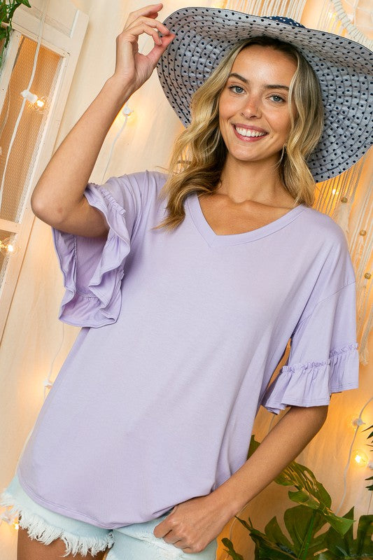 Solid Pullover Boxy Top with Ruffle Trim Short Sleeves